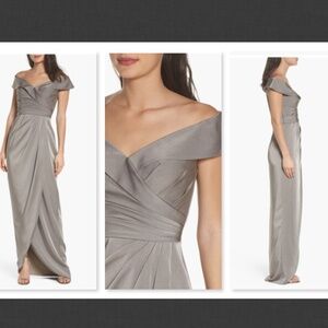 NEW La Femme 25206 Pewter Gray Surplice Off the Shoulder Column Gown  Size 2